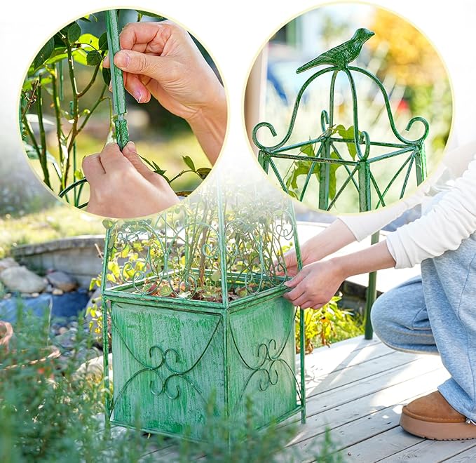 Sungmor Garden Obelisk Trellis with Planter Box - 5ft Metal Climbing Plant Support Tower with Bird Finial - Decorative Outdoor Wrought Iron Trellis for Roses, Clematis, Vines, Ivy - Distressed Green