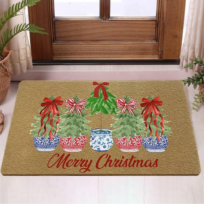 Red White and Blue Chinoiserie Faux Christmas Coir Door Mats Outdoor, Merry Christmas Door Mat for Outside Entryway, Xmas Tree Welcome Doormat for Indoor Outdoor Porch Entrance, 17x30 Inch