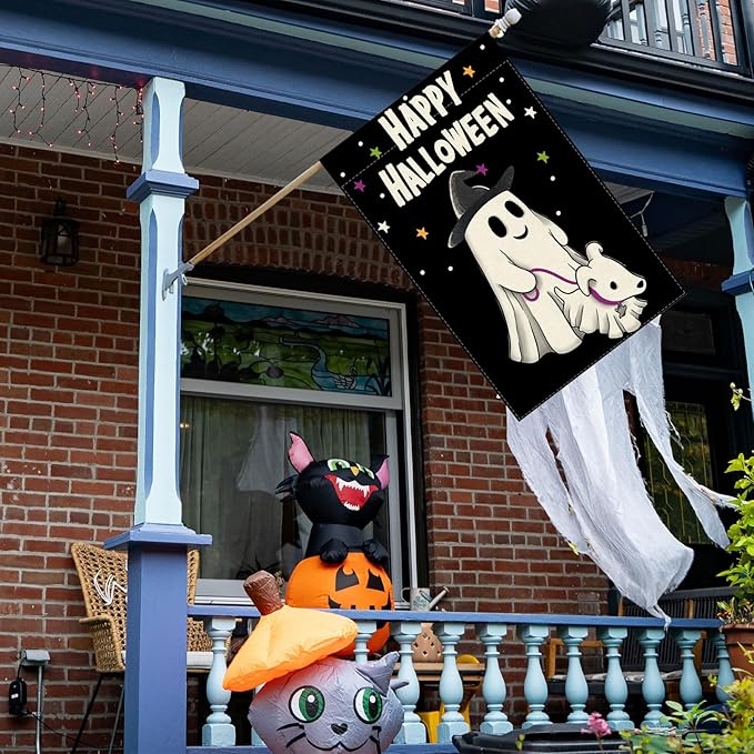 Happy Halloween Ghost Dog House Flag Large 28X40 Inch Big Vertical Double Sided Yard Outdoor Outside Holiday Decoration