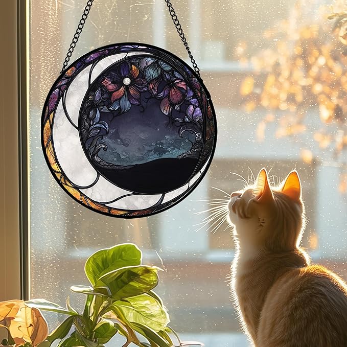 Stained Glass Window Hanging - Black and White Moon Sun Catcher for Door Terrace Garden Home Decor, Abstract Plant Flower Suncatcher Birthday Gifts for Lovers Women Men Dad Mom Nana 7.8 in
