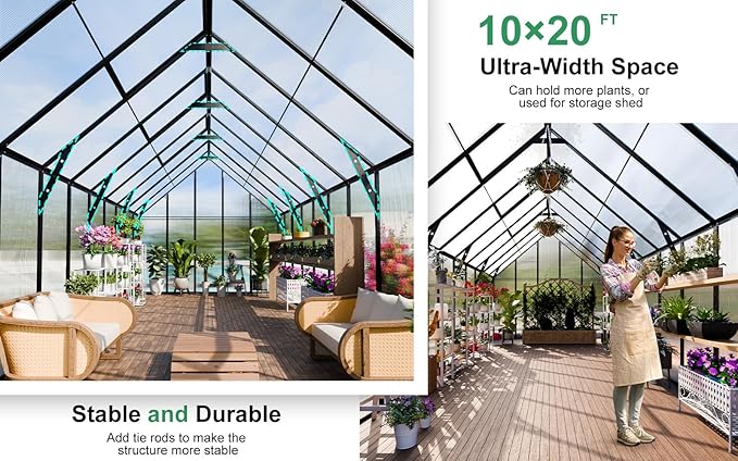 CDCASA 20x10x10 FT Greenhouse for Outdoors, Easy Assembly Large Thicker Aluminum Heavy Duty Polycarbonate Greenhouses Kit w/4 Vent Window, Swing Door, Walk-in Green House for Sunroom Patio,Backyard