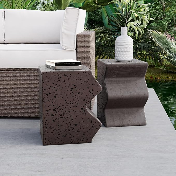 COSIEST Concrete Side Table, Set of 2 Rectangular Outdoor Side Tables, Decorative Garden Stools for Indoor Outdoor, Accent Table Patio Side Table End Table w Spotted, Brown