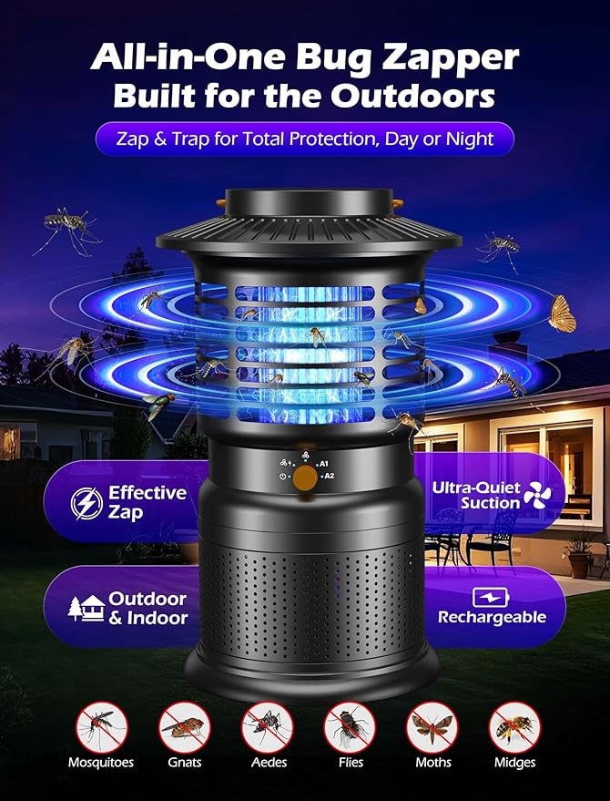 4-in-1 Mosquito Trap & Bug Zapper, Portable Rechargeable Fly Zappers with 10000mAh Battery, Bug Zapper Indoor with Silent Wind Suction, Auto On/Off Zapper Outdoor
