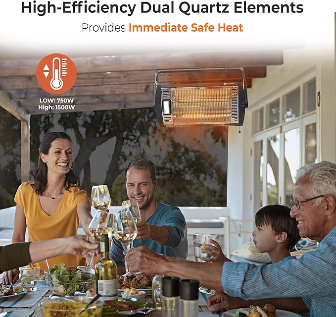 Comfort Zone CZQTV5M 750/1,500-Watt Ceiling Mounted Dual Quartz Radiant Heater with 90-Degree Adjustable Tilt, Metal Safety Grille, Overheat Protection (Hardware Included), Black