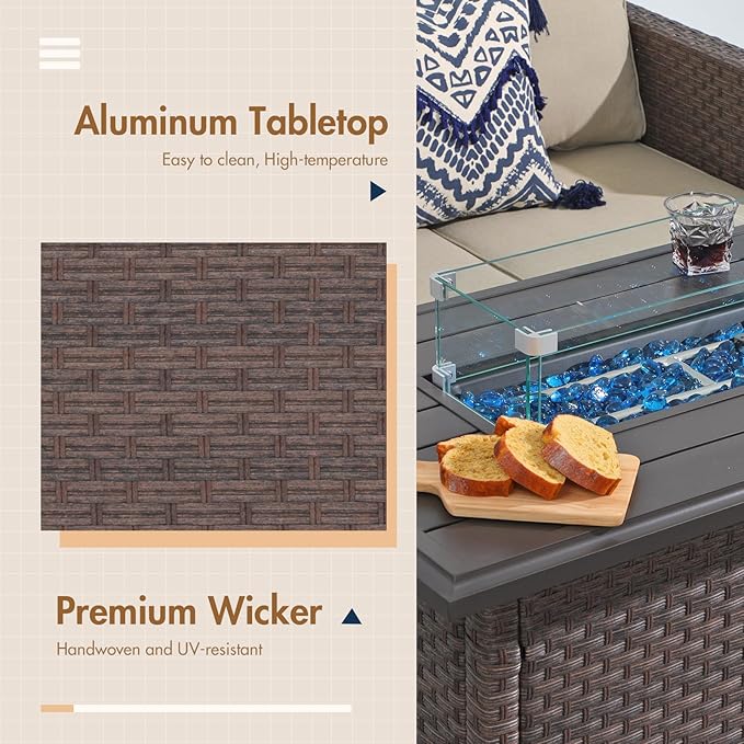 SUNSITT Outdoor Fire Pit Table 43 Inch Wicker Propane Fire Pit with Aluminum Tabletop 50,000 BTU Gas Firepit with Glass Wind Guard, Fire Glass, Lid, Cover, Brown Rattan