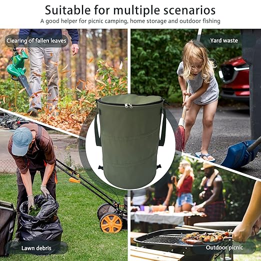 Pop up Camping Trash can with lid,Collapsible 24 Gallons Trash can with Sorting Clips,Garden Garbage Bag with Lid,Lawn and Leaf Bags - Reusable Yard Waste Bags (Green)