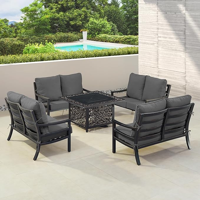 Oakland Living Black Aluminum Patio Fire Table Set with Four Deep Seating Loveseat with Cushions with Black Cushions