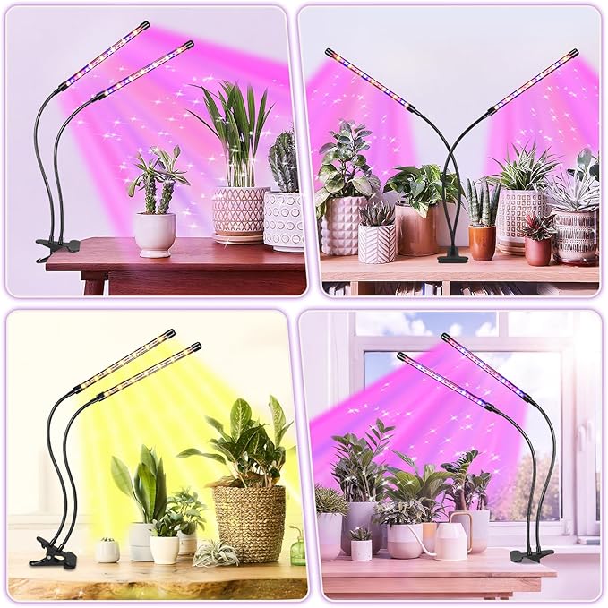 Black 2-Tube Clip-On Grow Light with Red/Blue/Yellow LEDs, Full Spectrum, 6/12/16H Timer, 3 Modes & 10 Dimmable Levels, for Indoor Plants (8W) (1 Pack)