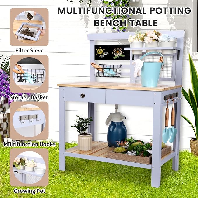 Kids Potting Bench Table Outdoor Garden Table Wooden Work Station Outdoor Garden Work Bench Platform with Removable Sink Hooks 3 Side Flower Pots Natural Wood Blue Gift for Boys Girls