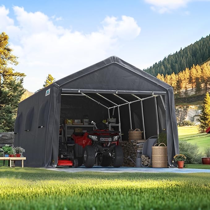 ADVANCE OUTDOOR 13x20 ft Carport 2 Roll up Doors & Vents Outdoor Portable Storage Shelter Garage Tent for Vehicle Boat Truck Anti-UV Snow Resistant Waterproof, Gray