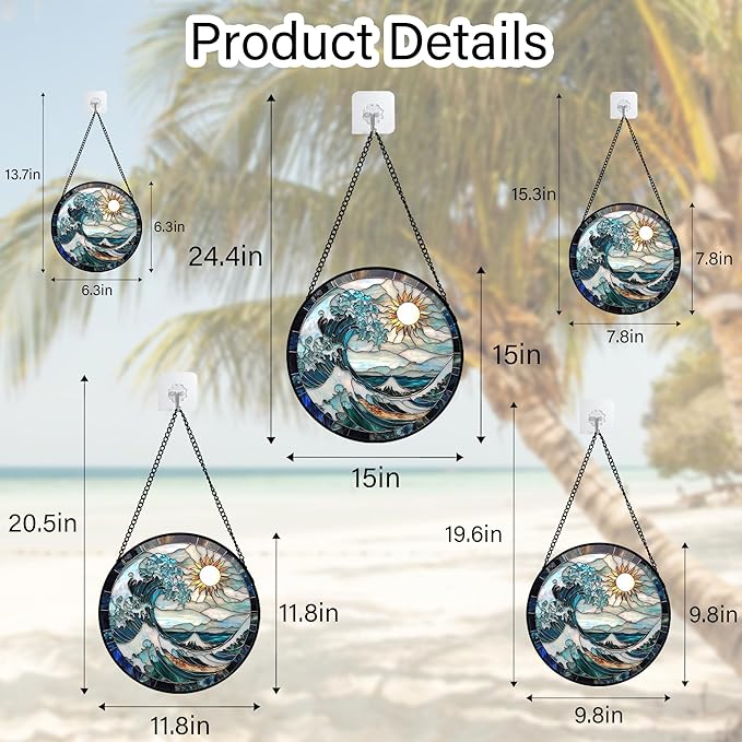 Stained Glass Window Hanging - White Sun Big Wave Suncatcher for Door Terrace Garden Home Decor Blue Ocean Landscape Sun Catcher Birthday Gifts for Lovers Women Men Dad Mom Nana 11.8 in