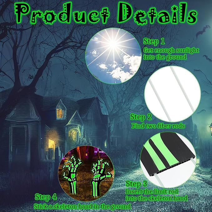 4 Pack Halloween Yard Decorations Skeleton Hands Glow in Dark, 15”x8” Outdoor Waterproof Light-Up Props for Scary Graveyard, Garden Pathway, Party, Haunted Porch Displays, Indoor