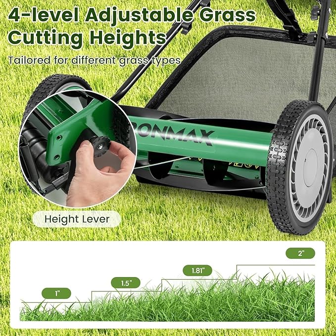 Goplus Manual Lawn Mower, 16 Inch 5-Blade Walk-Behind Cordless Grass Cutter with 7 Gallon Removable Grass Collect Bag, Adjustable Cutting Heights, Push Reel Lawn Mower for Yard, Garden