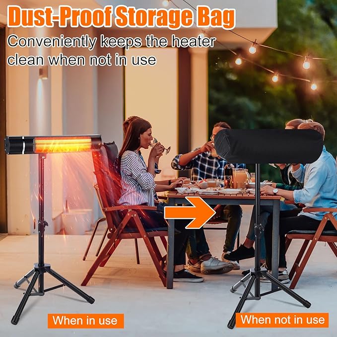 Electric Patio Heater Outdoor 1500W Carbon Infrared Heater with Remote Timer 3 Heat Levels IPX4 Waterproof Tripod Stand Ceiling Wall Mount for Backyard Restaurant Garage