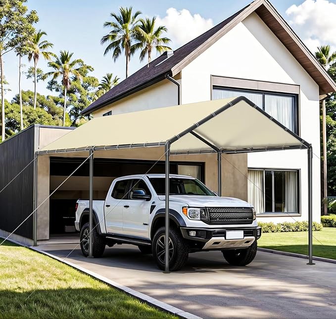 Carport, 10x20ft Heavy Duty Portable Garage, Car Port with Storage Shed, Car Canopy Car Tent with Steel Frame All-Season Tarp for Car, Truck, Boat, Party (B-Rice)