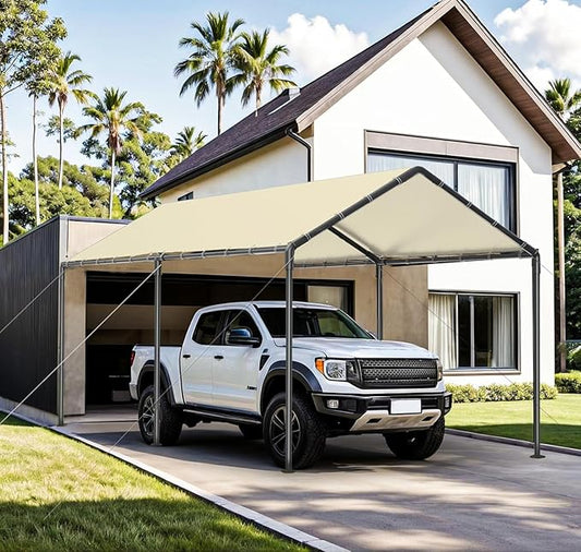 Carport, 10x20ft Heavy Duty Portable Garage, Car Port with Storage Shed, Car Canopy Car Tent with Steel Frame All-Season Tarp for Car, Truck, Boat, Party (B-Rice)
