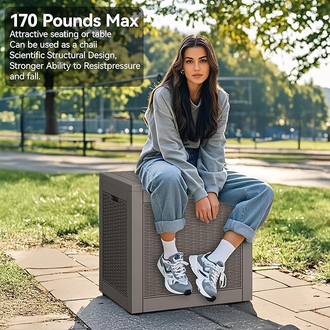 35 Gallon Outdoor Storage Box, Waterproof Resin Deck Box with Lockable Lid, Patio Furniture Side Table & Storage Bin for Package Delivery, Patio Cushions, Garden Tools, Pool Accessories, Grey