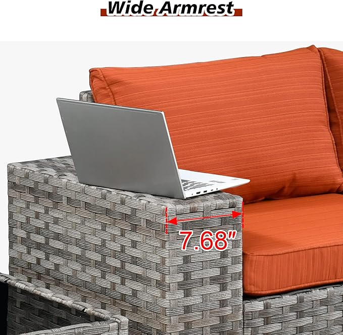 HOOOWOOO Modular Patio Outdoor Sectional Furniture Set with Gas Propane Fire Pit Table,7 Piece Wicker Conversation Sofa Set,Out Door Couch Set with Wide Arm Outside(Orange Red)