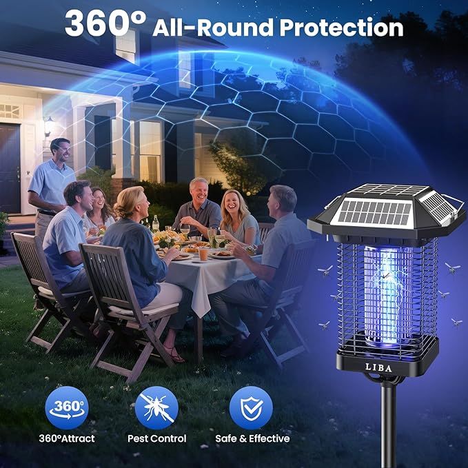 LiBa Solar Bug Zapper Outdoor, 2 in 1 Mosquito Zapper Cordless & Rechargeable, Solar Insect Killer Lamp, 3500V Mosquito Catcher Decor Light for Patio Garden Backyard
