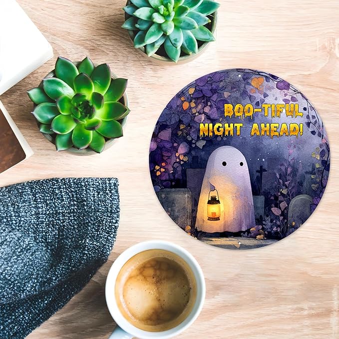 PEACHGARDEN Vintage Bootiful Night Ahead Ghost Metal Tin Sign Halloween Decor Gothic Wall Art Retro Plaque Spooky Home Kitchen Decor 8x8inch