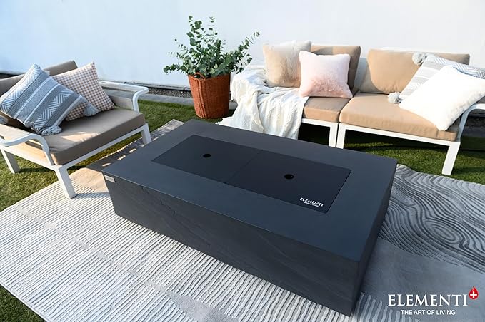Elementi+ | Bundle Cape Town Gas Fire Pit Cast Concrete 56" Rectangular Fire Table, Outdoor Fire Pit Electronic Ignition | Canvas Cover, Fire Glass and Burner Lid Included | Dark Gray | Natural Gas