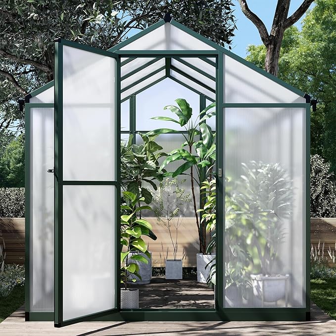 8x6.25FT Greenhouse,Easy Assembly Aluminum Polycarbonate Walk-in Greenhouse with Roof Vent,Large Outdoor Garden Green House,Patio,Backyard,Green