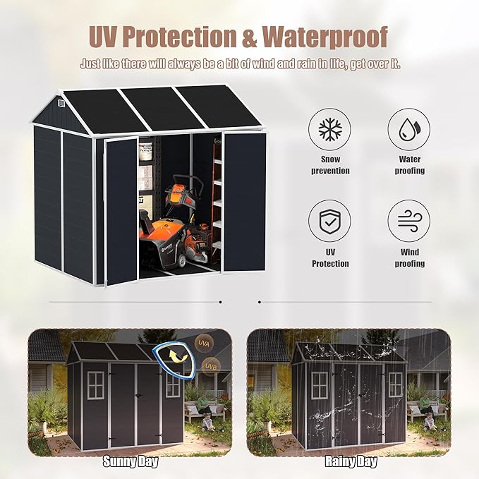 Resin Storage Shed 8x7ft, Large Tool Shed with Floor, Two-Window, Lockable Doors and Vents, 12mm Thick pp Board, Outdoor Storage Sheds for Patio, Garden, Backyard, Lawn (Dark Gray, 8 * 7ft)
