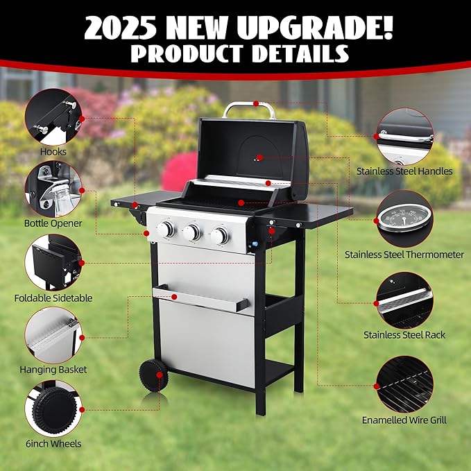 3-Burner Propane Gas Grill with 2 Foldable Side Tables, 25,650 BTU Outdoor BBQ Grill with Porcelain-Enameled Flame Tamers, Built-in Thermometer, Easy Assembly for Patio, Backyard BBQ
