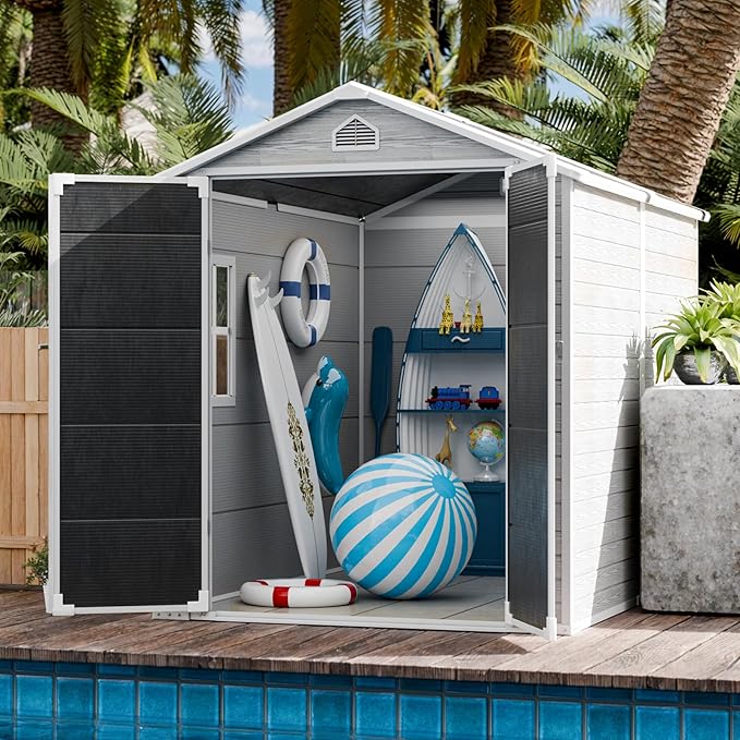 CDCASA 8x6 FT Resin Storage Shed, Large Waterproof Outdoor Sheds with Floor & Lockable Door & Vents, Plastic Tool Shed for Backyard, Patio, Poolside, Cabinet, Dove Grey
