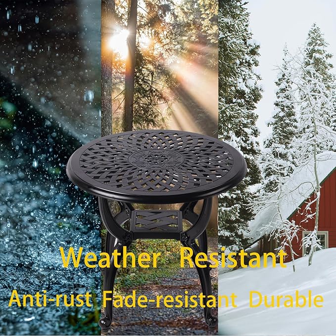 Cast Aluminum Outdoor Side Table,Small Patio Table,Outdoor Coffee Tables for Patio,Garden,Balcony, for All Weather (Black, Round)