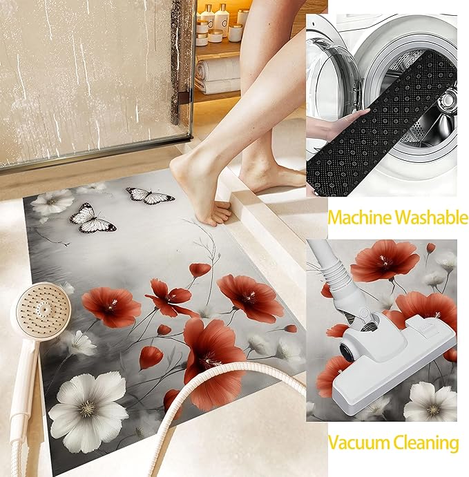 Red Poppy Flower Welcome Mat Indoor,Vintage Butterfly Floral Front Door Mat,Non-Slip Entryway Rug, Low Profile Felt Indoor Doormat for Back Door Porch Patio Entrance,30 x 17 Inch