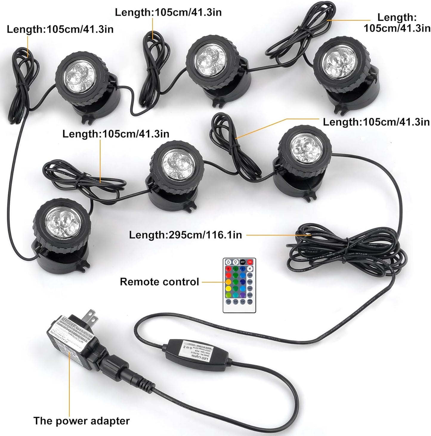 RGB Pond Lights with Timer, LED Underwater Submersible Colorful Landscape Spotlights, 98ft Remote Control IP68 Waterproof Fountain Lights for Fish Aquarium Tank Garden Yard Pool (Set of 6)