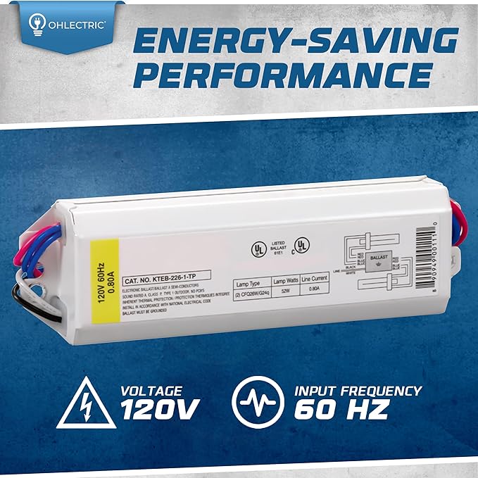 OHLECTRIC Replacement for Keystone KTEB-226-1-TP CFL Electronic Fluorescent Ballast | 2 Lamp 26 Watt & 120V Input with Rapid Start | Thermally Protected Design for Enhanced Safety and Efficiency