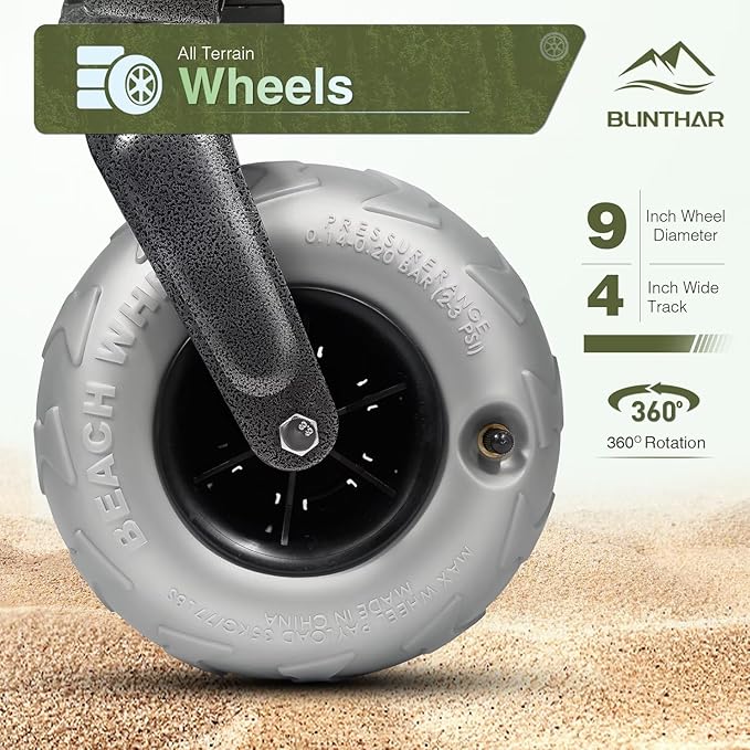 Beach Wagon with Big Wheels for Sand, Heavy Duty Collapsible Folding Wagon with All-Terrain 9" Pneumatic Tires & Drink Holders, Utility Wagon for Garden Sports Camping Outdoor Activities