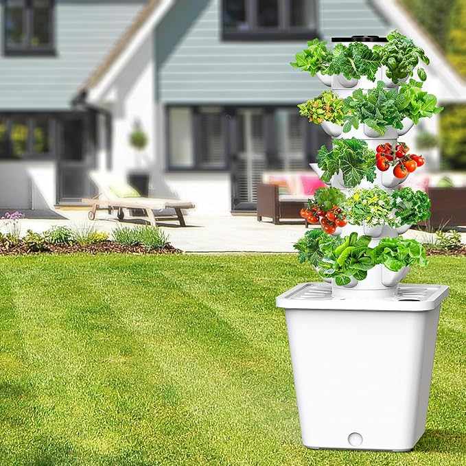SJZX Hydroponics Growing System Kit, 12L Large Capacity Hydroponic Tower, 5 Tiers Indoor Outdoor Gardening System for Beginner with Water Pump & APP Auto Timer, Vertical Garden Planter Kits (25 Pods)