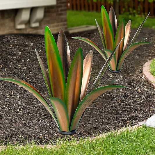 TOMBABY Enlarge thickened Wind Resistant Metal Agave Garden Art Plant Country Sculpture Statue Outdoor decoration Courtyard Lawn Ornament Gift (12 Leaves Green 2 pcs) (TB-410-415)