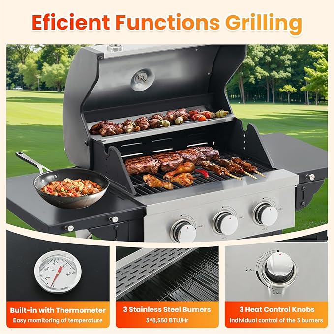 3-Burner Propane Gas BBQ Grill with Porcelain-Enameled Cast Iron Grates and 2 Foldable Side Table, 25,650 BTU Stainless Steel Grill for Outdoor Camping Barbecue Grilling Backyard Cooking - Silver