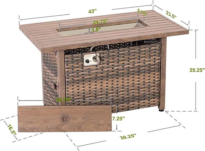 Nuu Garden 43” Propane Fire Pit, CSA-Listed Rattan Outdoor Fire Pit Table, 50,000 BTU Smokeless Gas Fire Table with Lid and Glass Beads, 2-in-1 Rectangular Fire Table for Outside Backyard Patio, Brown