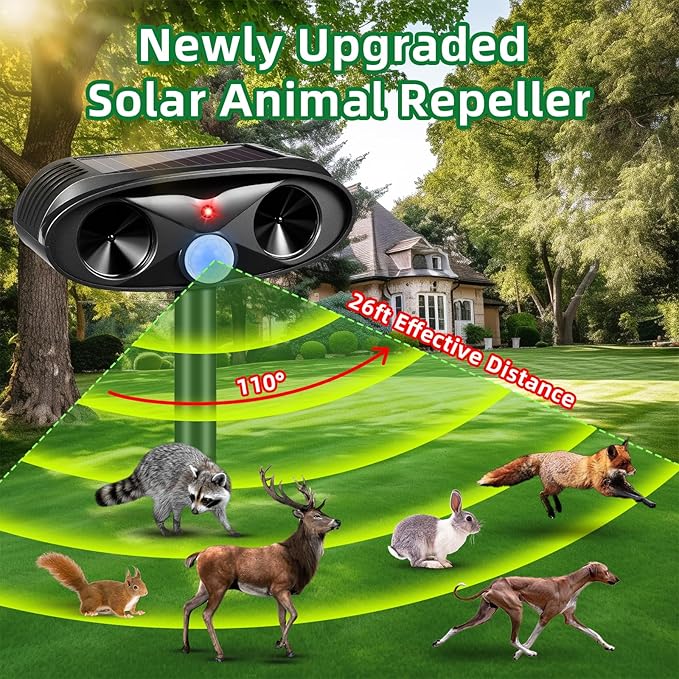 2025 Upgraded Solar Ultrasonic Animal Repellent Outdoor, 4 Pack Deer Repellent Devices USB Charge Animal Deterrent for Cat,Squirrel,Dog,Raccoon,Skunk,Rabbit Repellent for Yard Garden Lawn,Black