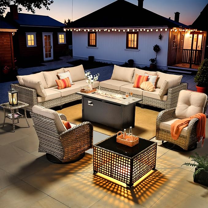 HOOOWOOO Outdoor Patio Furniture Set with Fire Pit Table,11 Pieces Wicker Out Door Sectional Furniture L Shaped Couch,Outside Patio Conversation Sets Swivel Chair,Beige