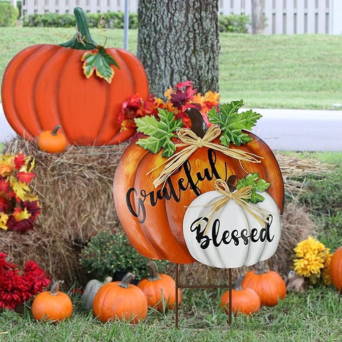 Metal Yard Pumpkin Fall Stakes Decorative Standing Garden Welcome Signs Lawn Stake Outdoor Autumn Harvest Halloween Thanksgiving Decor Pumpkins Pathway Decoration (Orange)