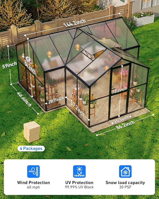 T-Shape Greenhouses, Polycarbonate Green House with UV Protection, Heavy Duty Greenhouse with Windproof Aluminum Frame, Roof Vent & Quick-Install Design for Backyard or Garden Use