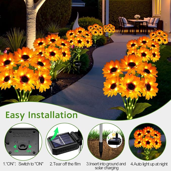 Solar Sunflower Lights Outdoor Garden Decor, Solar Flowers Lights with 18 Sunflowers, Waterproof Fall Decor Stake Decorative Light Auto ON/Off for Garden Yard Patio Backyard, Gift for Women (3 Pack)
