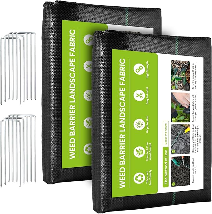 2pcs 3FTX50FT Weed Barrier Fabric, 4.0oz Landscape Fabric, Durable Weed Barrier Fabric Heavy Duty with 10 U-Shaped Securing Pegs for Landscaping Weed Blocker Garden Bed Cover, Commercial Driveway
