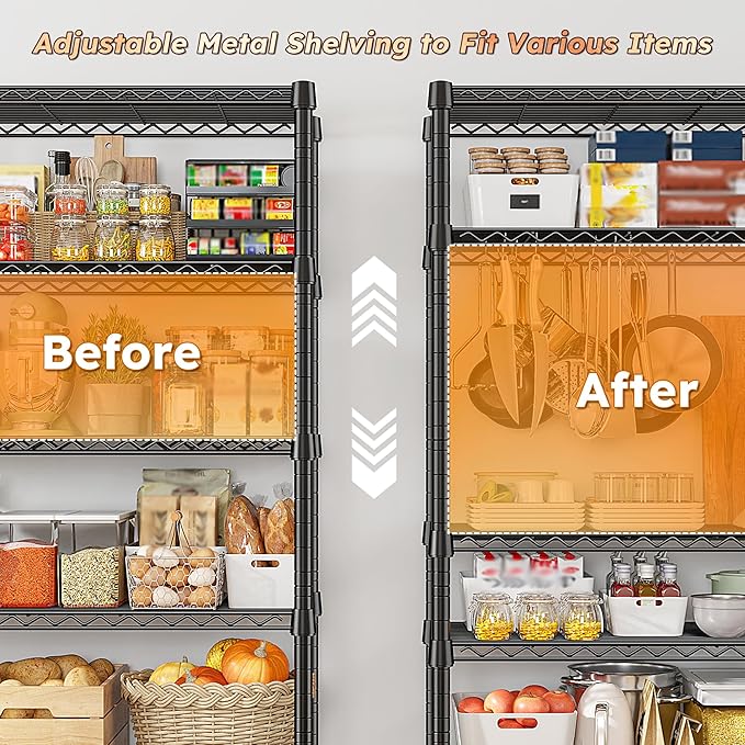 REIBII Storage Shelves with Wheels Wide Wire Shelving Unit with Wheels 75.2"H Tall Metal Shelves for Storage Sturdy Heavy Duty Shelving Deep Pantry Shelves 5 Tier Storage Rack, Keep Organized, 2 Pack