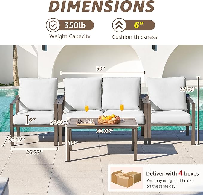 NATURAL EXPRESSIONS Patio Furniture 4 Piece Set,Outdoor Conversation Set Metal Patio Sectional Sofa with High Back Hand-Woven Rope Chairs by Hand Brushed Wood Grain Finish, 6" Cushion for Yard,Garden