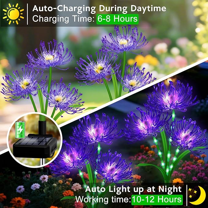 Halloween Solar Lights Outdoor – Purple Spider Lily Flowers,4 Pack 12-Head with Glowing Stems,Waterproof Solar Powered Garden Decor for Yard,Patio,Lawn,Spooky Halloween Decorations & Gifts
