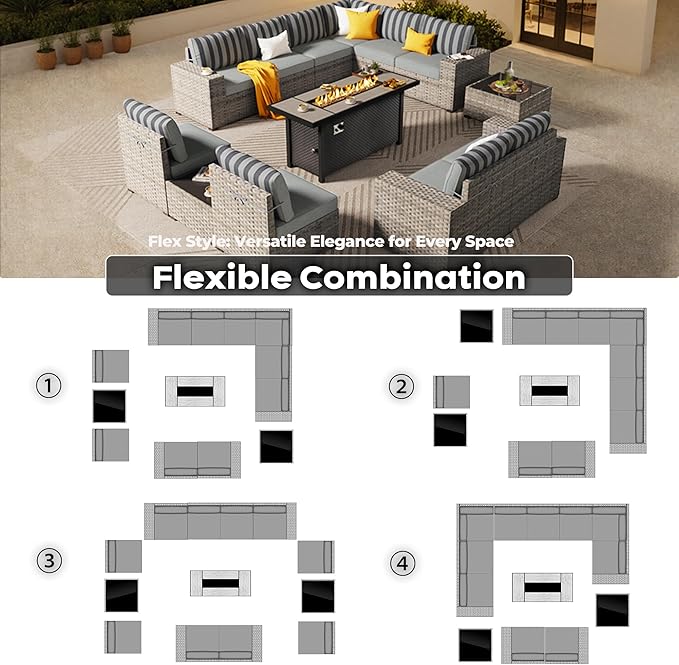 ovios 13 Pieces Patio Furniture Set, Outdoor Wicker Sectional Sofa with 54 Inch Fire Pit Table Comfy Cushions, Modern Modular Deep Seat Rattan Couch Conversation Set, Dark Gray Stripe