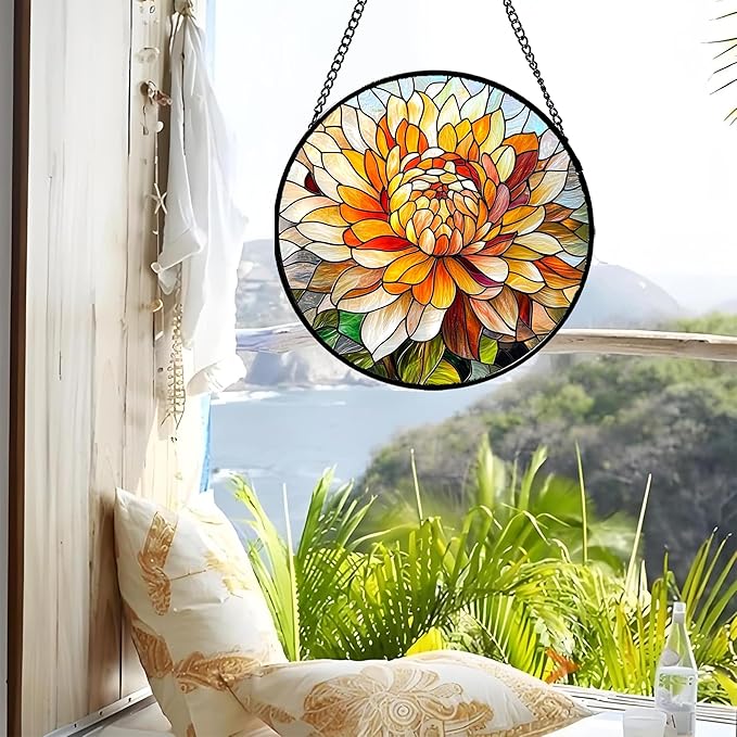 Stained Glass Window Hanging - Chrysanthemum Suncatcher for Doors Garden Patio Birth Flowers Sun Catchers Decor Christmas Mother's Day Birthday Gifts for Women Men Mom Nana Friend 6.3 in