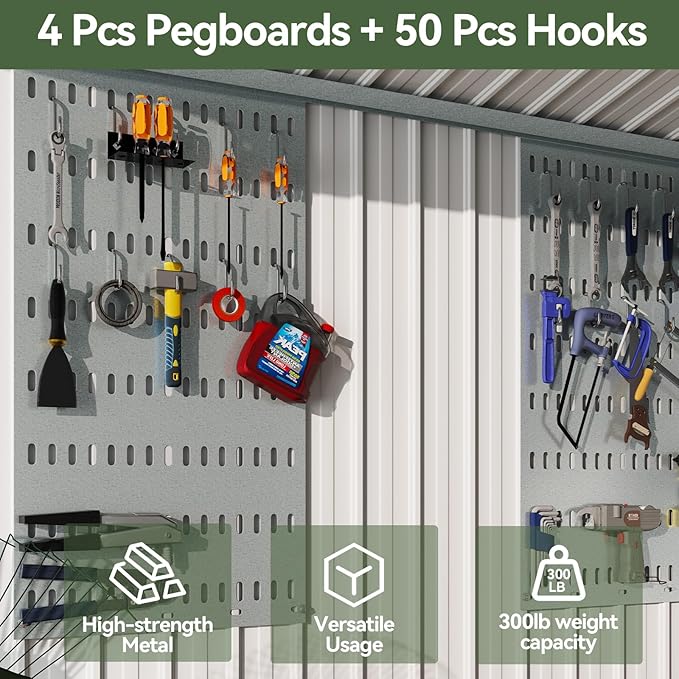 Aoxun 9.5x7.5 FT Shed with 4 Pegboards and 50 Hooks Outdoor Waterproof Storage Shed Steel Utility Garden Tool Shed with Door & Lock Outdoor Storage for Garden Patio Lawn Poolside, Brown